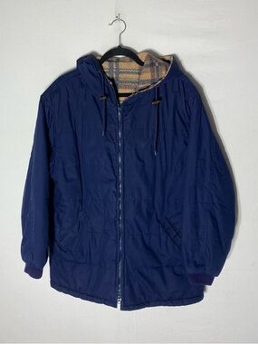 Vintage Northern Reflections Navy Blue With Plaid Fleece Lining Hooded Jacket M